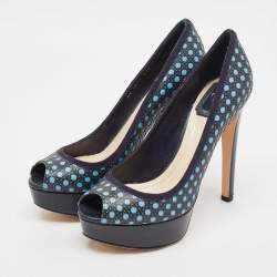 Pre Owned Dior Blue Leather Contrast Cannage Peep Toe Platform Pumps Size 37.5