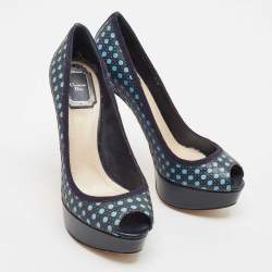 Pre Owned Dior Blue Leather Contrast Cannage Peep Toe Platform Pumps Size 37.5