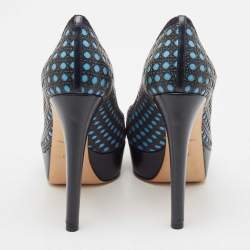 Pre Owned Dior Blue Leather Contrast Cannage Peep Toe Platform Pumps Size 37.5