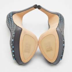 Pre Owned Dior Blue Leather Contrast Cannage Peep Toe Platform Pumps Size 37.5