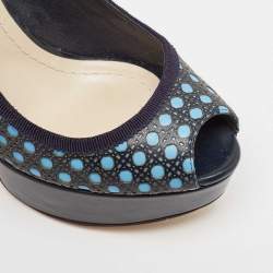 Pre Owned Dior Blue Leather Contrast Cannage Peep Toe Platform Pumps Size 37.5