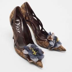 Dior Brown Oblique Canvas And Leather Floral Applique Pointed Toe Pumps Size 36