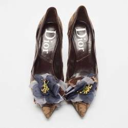 Dior Brown Oblique Canvas And Leather Floral Applique Pointed Toe Pumps Size 36