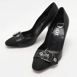 Dior Black Leather And Cannage Canvas Cap Toe D Buckle Pumps Size 36