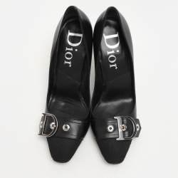 Dior Black Leather And Cannage Canvas Cap Toe D Buckle Pumps Size 36