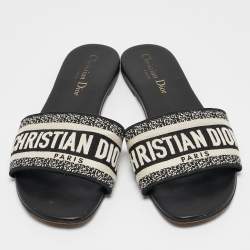 Dior Navy Blue/White Embroidered Canvas Dway Flat Slides Size 38