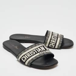 Dior Navy Blue/White Embroidered Canvas Dway Flat Slides Size 38