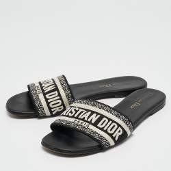Dior Navy Blue/White Embroidered Canvas Dway Flat Slides Size 38