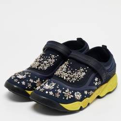 Dior Navy Blue Neoprene And Mesh Embellished Fusion Slip On Sneakers Size 40.5