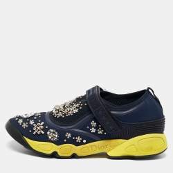 Dior Navy Blue Neoprene And Mesh Embellished Fusion Slip On Sneakers Size 40.5