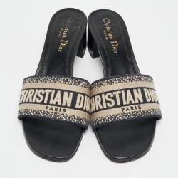 Dior Navy Blue Embroidered Canvas Dway Slide Sandals Size 37