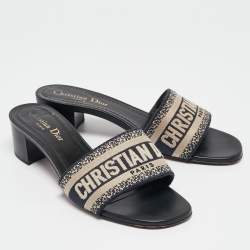 Dior Navy Blue Embroidered Canvas Dway Slide Sandals Size 37