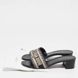 Dior Navy Blue Embroidered Canvas Dway Slide Sandals Size 37