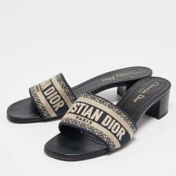 Dior Navy Blue Embroidered Canvas Dway Slide Sandals Size 37