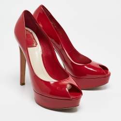 Dior Red Patent Leather Miss Dior Peep Toe Platform Pumps Size 39.5