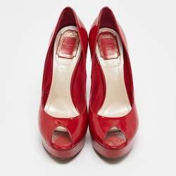 Dior Red Patent Leather Miss Dior Peep Toe Platform Pumps Size 39.5