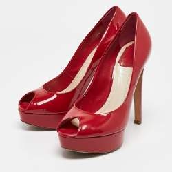 Dior Red Patent Leather Miss Dior Peep Toe Platform Pumps Size 39.5