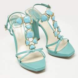 Dior Aqua Blue Piedra Jeweled Leather T-Strap Sandals Size 39