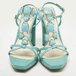Dior Aqua Blue Piedra Jeweled Leather T-Strap Sandals Size 39