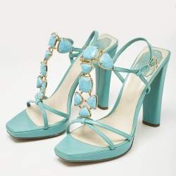 Dior Aqua Blue Piedra Jeweled Leather T-Strap Sandals Size 39