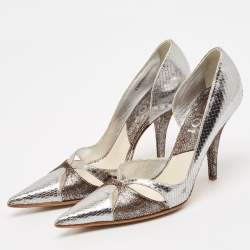 Dior Silver/Brown Python Embossed Leather and Texture Suede Pumps Size 36.5