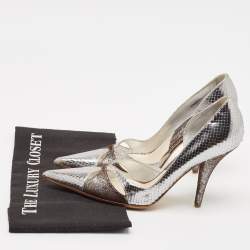 Dior Silver/Brown Python Embossed Leather and Texture Suede Pumps Size 36.5