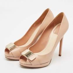 Dior Beige Leather Logo Plaque Peep Toe Pumps Size 38.5