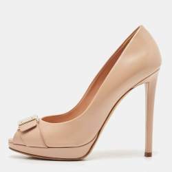 Dior Beige Leather Logo Plaque Peep Toe Pumps Size 38.5