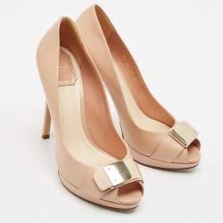Dior Beige Leather Logo Plaque Peep Toe Pumps Size 38.5