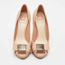 Dior Beige Leather Logo Plaque Peep Toe Pumps Size 38.5