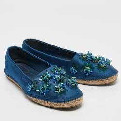 Dior Blue Canvas Flower Embellished Espadrille Flats Size 38