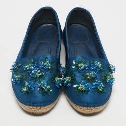 Dior Blue Canvas Flower Embellished Espadrille Flats Size 38