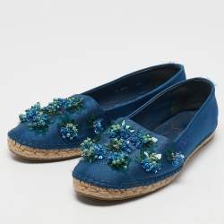 Dior Blue Canvas Flower Embellished Espadrille Flats Size 38