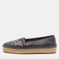 Dior Black/Blue  Denim and Leather Embellished Espadrille Flats Size 36.5