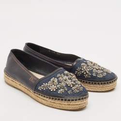 Dior Black/Blue  Denim and Leather Embellished Espadrille Flats Size 36.5