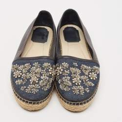 Dior Black/Blue  Denim and Leather Embellished Espadrille Flats Size 36.5