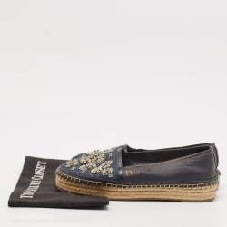 Dior Black/Blue  Denim and Leather Embellished Espadrille Flats Size 36.5