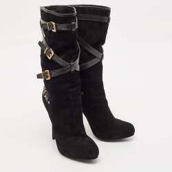Dior Black Leather and Suede Buckle Mid Calf Boots Size 38.5