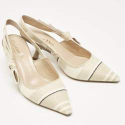 Pre Owned Dior Beige/White Canvas Striped Embroidered J'Adior Slingback Pumps Size 36