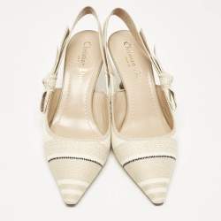Pre Owned Dior Beige/White Canvas Striped Embroidered J'Adior Slingback Pumps Size 36