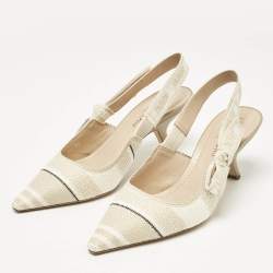 Pre Owned Dior Beige/White Canvas Striped Embroidered J'Adior Slingback Pumps Size 36
