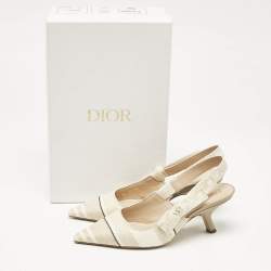 Pre Owned Dior Beige/White Canvas Striped Embroidered J'Adior Slingback Pumps Size 36