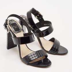 Pre Owned Dior Black Cannage Quilted Patent Leather Ankle Strap Sandals Size 36