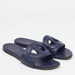 Dior Navy Blue Leather D Club Slide Flats Size 36