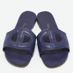 Dior Navy Blue Leather D Club Slide Flats Size 36