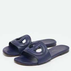 Dior Navy Blue Leather D Club Slide Flats Size 36