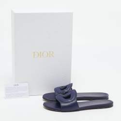 Dior Navy Blue Leather D Club Slide Flats Size 36