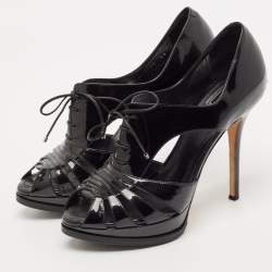 Dior Black Patent Glam Derby Peep Toe Cut Out Booties Size 39