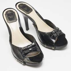 Dior Black Patent Leather Bow Slide Sandals Size 40
