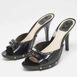 Dior Black Patent Leather Bow Slide Sandals Size 40